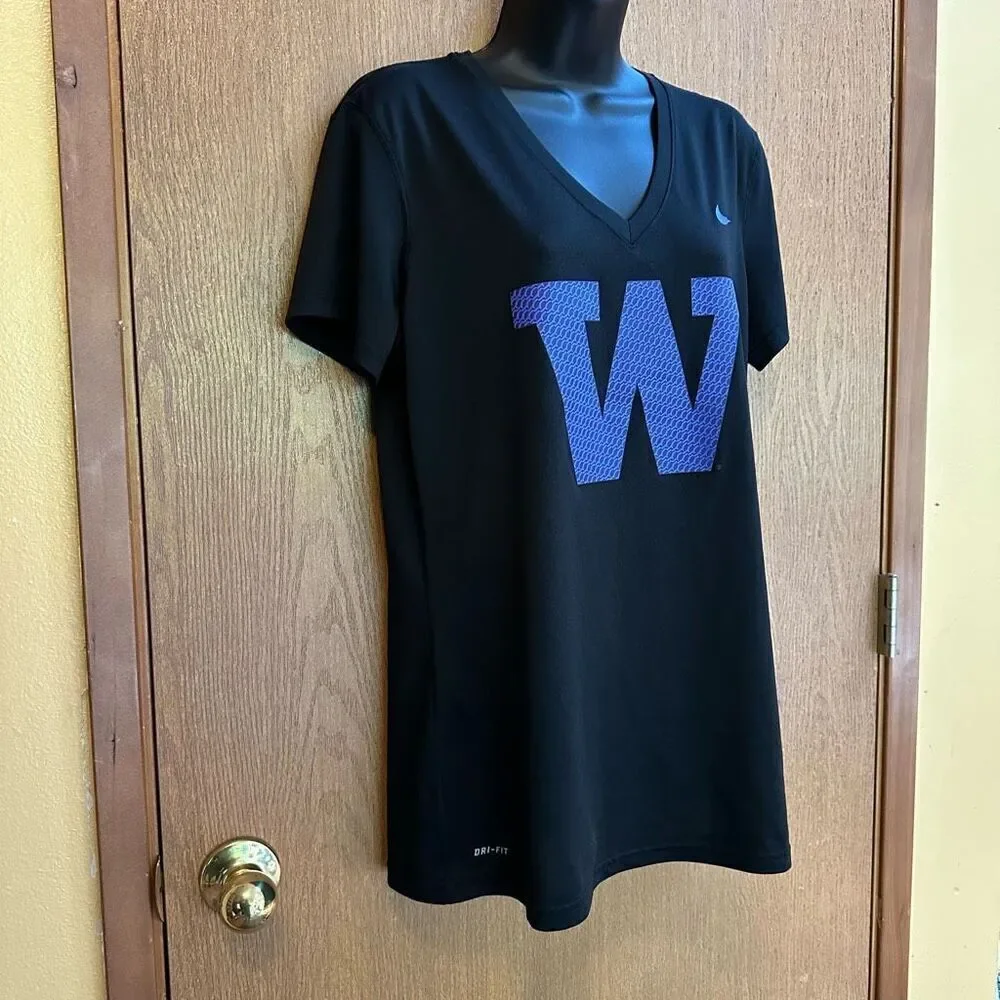 Nike Dri-Fit UW Washington Huskies V-Neck Black Short Sleeve T-Shirt | Women Siz